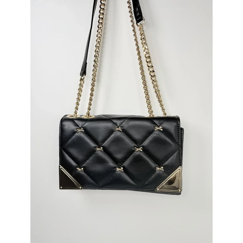 ALDO Quilted Crossbody Bag Black Gold Chain‎ Strap Shoulder Purse One Size